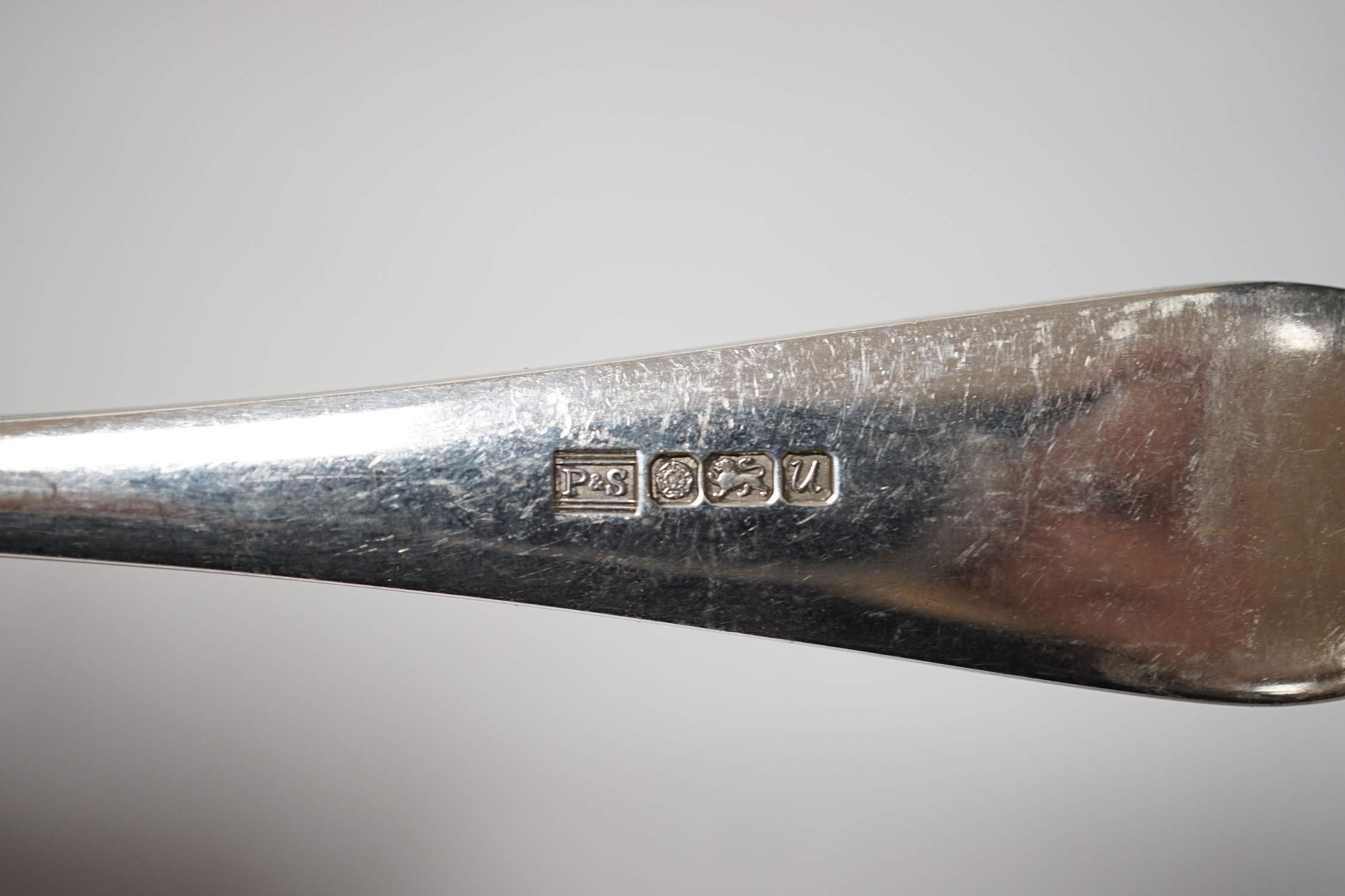 A modern canteen of silver Hanovarian rat tail pattern cutlery for six, by Payne & Son, Sheffield, 1994, comprising forty four items, including silver handled steel dessert and table knives and one earlier fiddle pattern